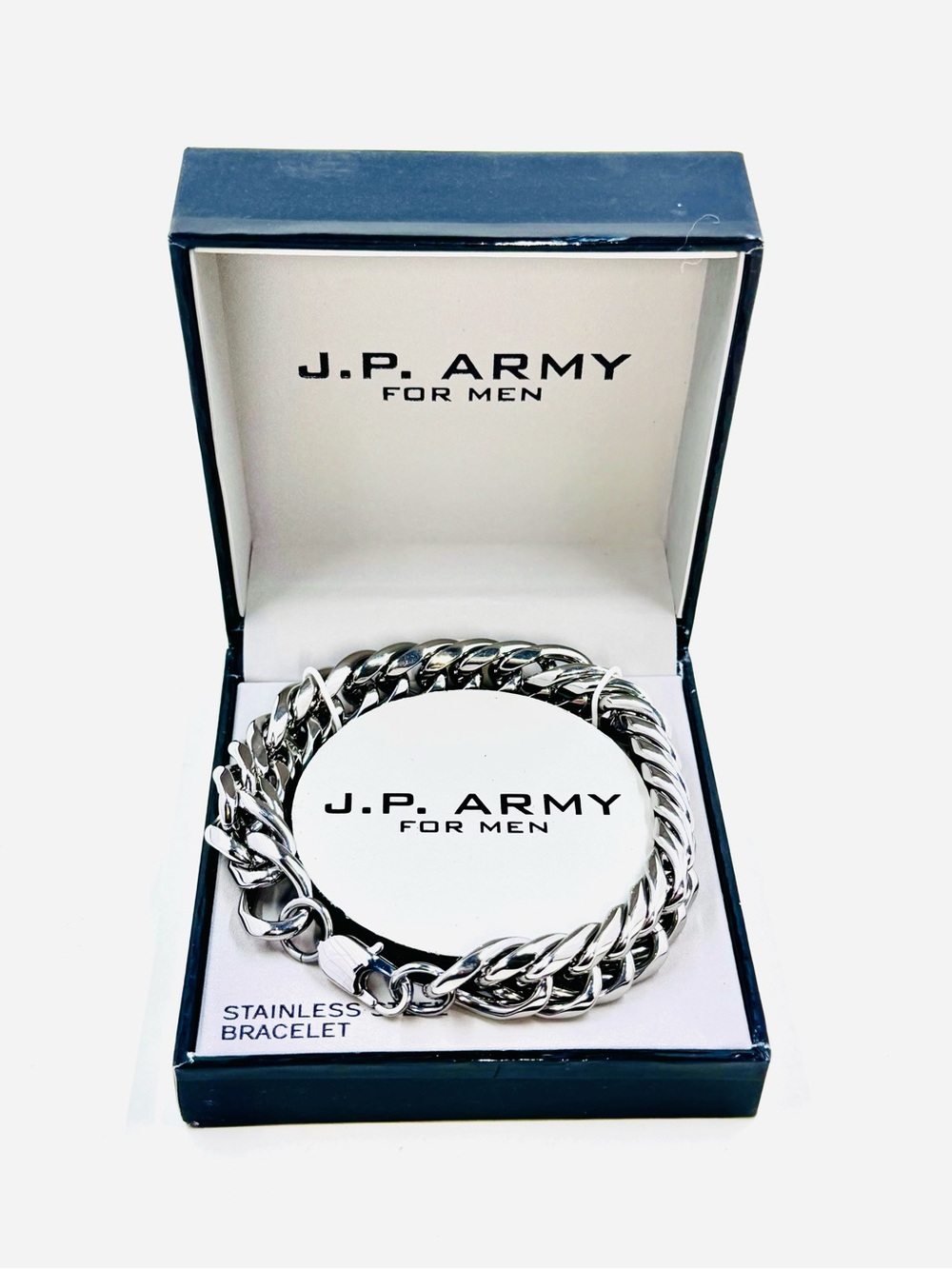 J.P. Army Men's Polished Silver Tone Curb Chain Bracelet 12.5mm 10” NIB